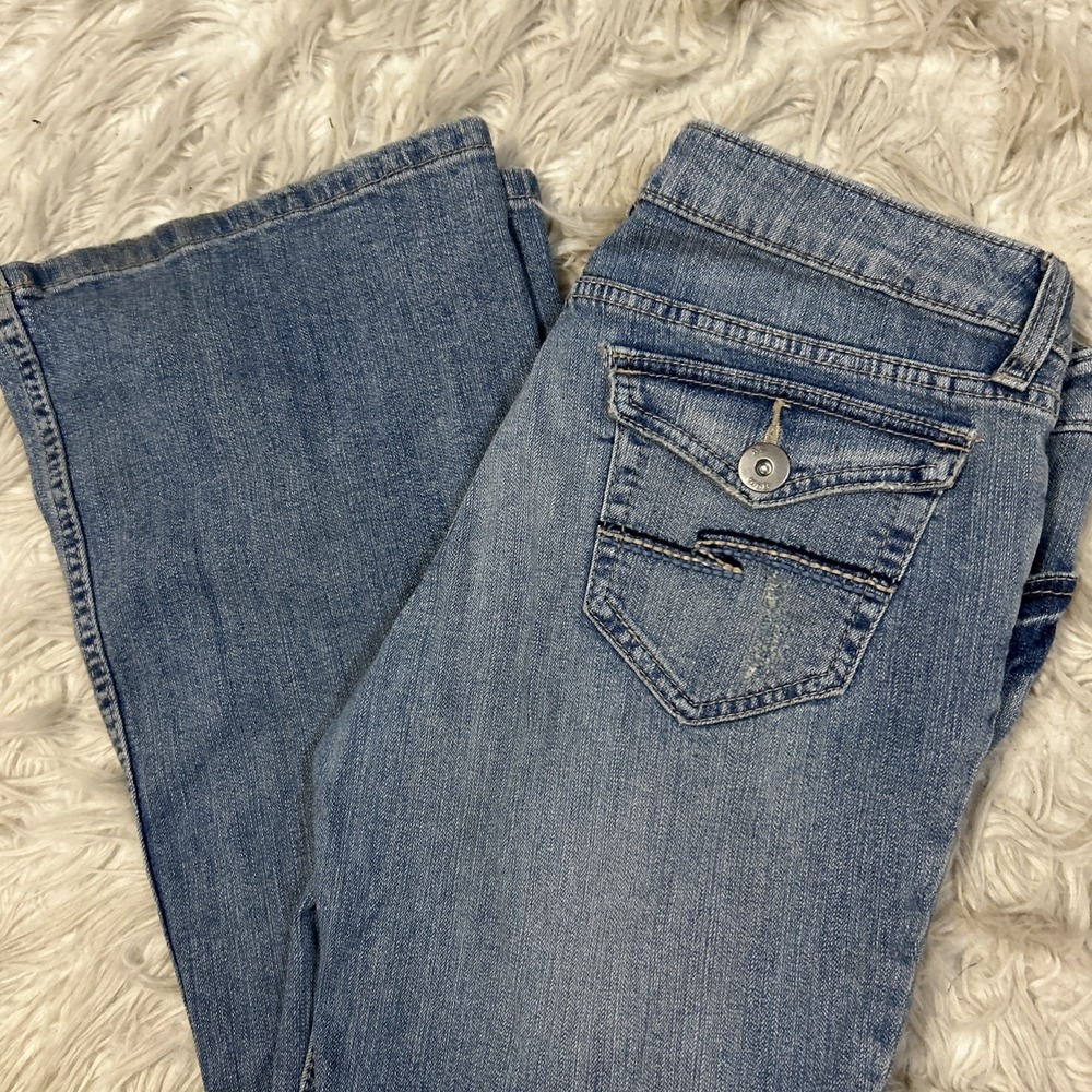 Favorite Flare Low Rise Y2K Destroyed Denim Blue Jeans Flap Pocket Grunge Sz 11